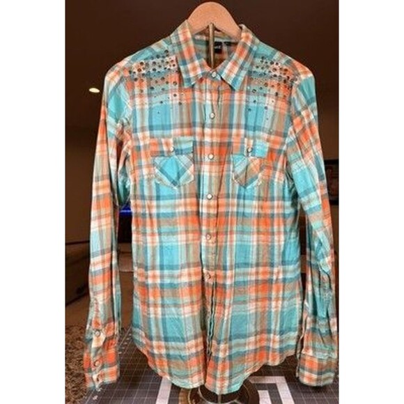 Cruel Tops - Cruel Women's Large Plaid Western Shirt Rhinestone Studded Turquoise Coral